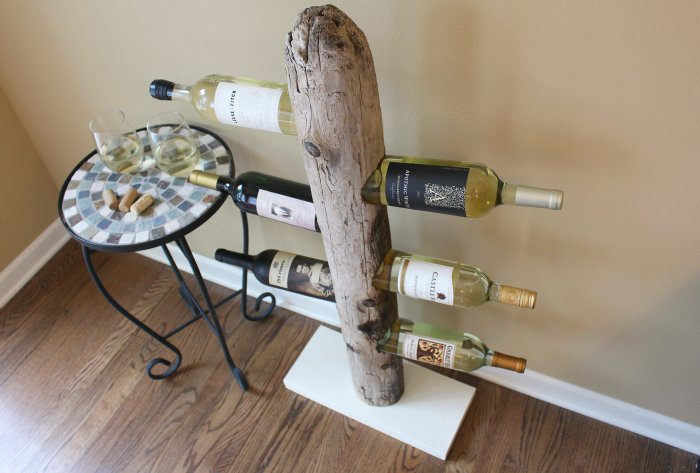 DIY wine rack made of driftwood